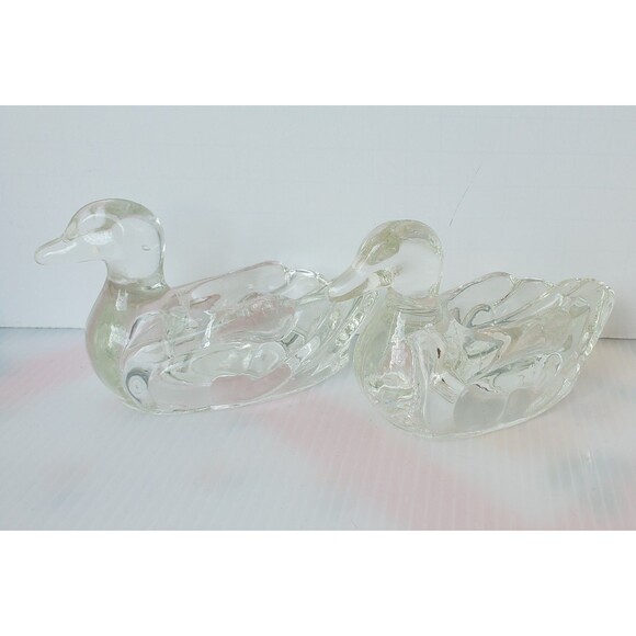 Vintage Lot Of 2  glass DUCK Personal ASHTRAY Pipe Holder Clear Trinket Dish 3" - Picture 1 of 12